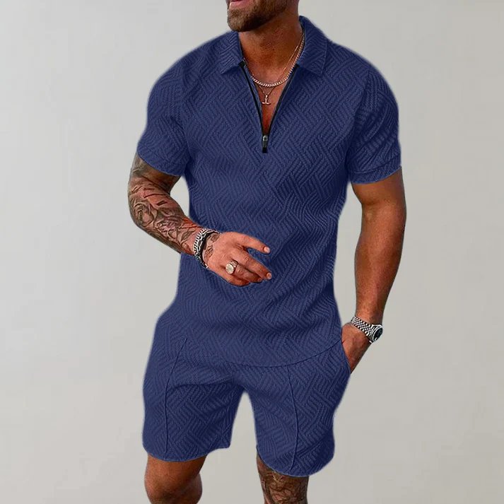 Men's stylish zip polo short set. Versatile two-piece outfit for summer fashion, casual wear & comfortable travel.