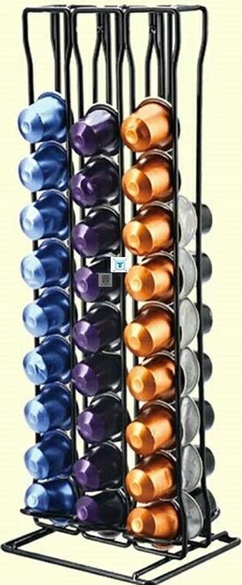 Stylish metal swivel coffee pod holder for countertop. Organizes capsules neatly for modern kitchen storage.