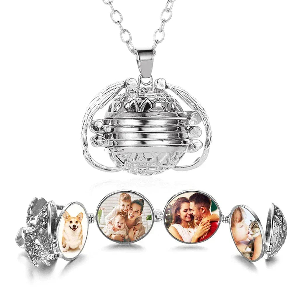 Chic multi-layer photo locket necklace, a stylish accessory to hold your special moments.