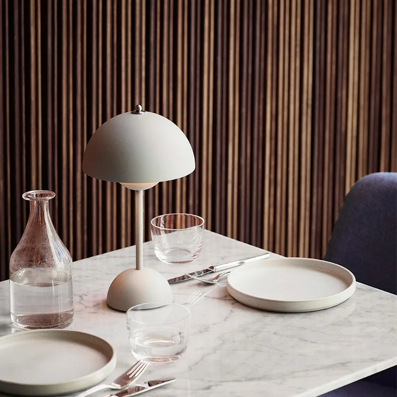 Stylish Mushroom LED table lamp, MushLuxe, for modern home decor. Dimmable ambient light for bedroom or living room.