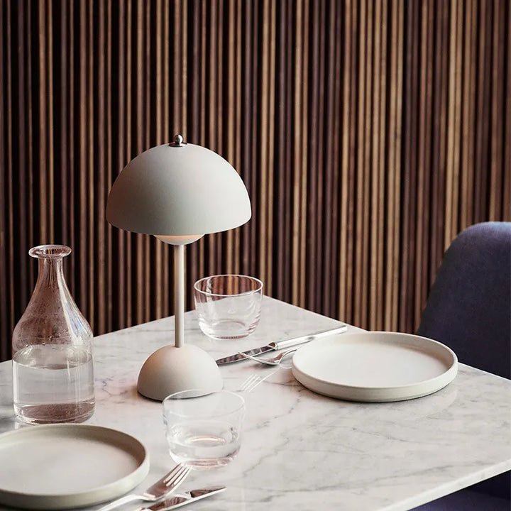Stylish Mushroom LED table lamp, MushLuxe, for modern home decor. Dimmable ambient light for bedroom or living room.