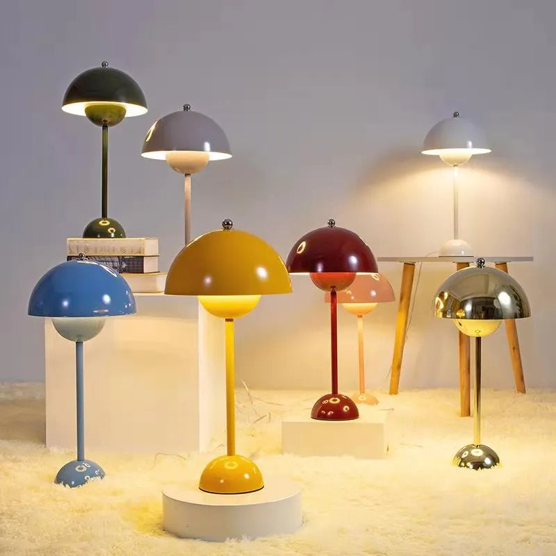 Unique mushroom shape LED table lamp, MushLuxe, a decorative accent for bedroom or living room. Modern ambient light.