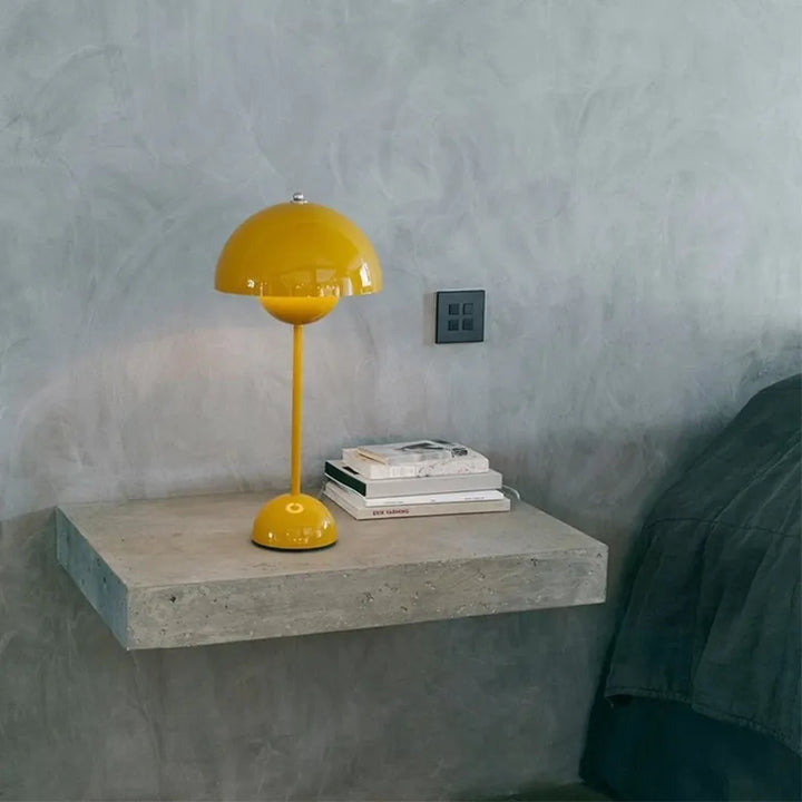 Modern LED mushroom lamp, MushLuxe, with dimmable ambient light. Contemporary design for stylish home decor & desk.