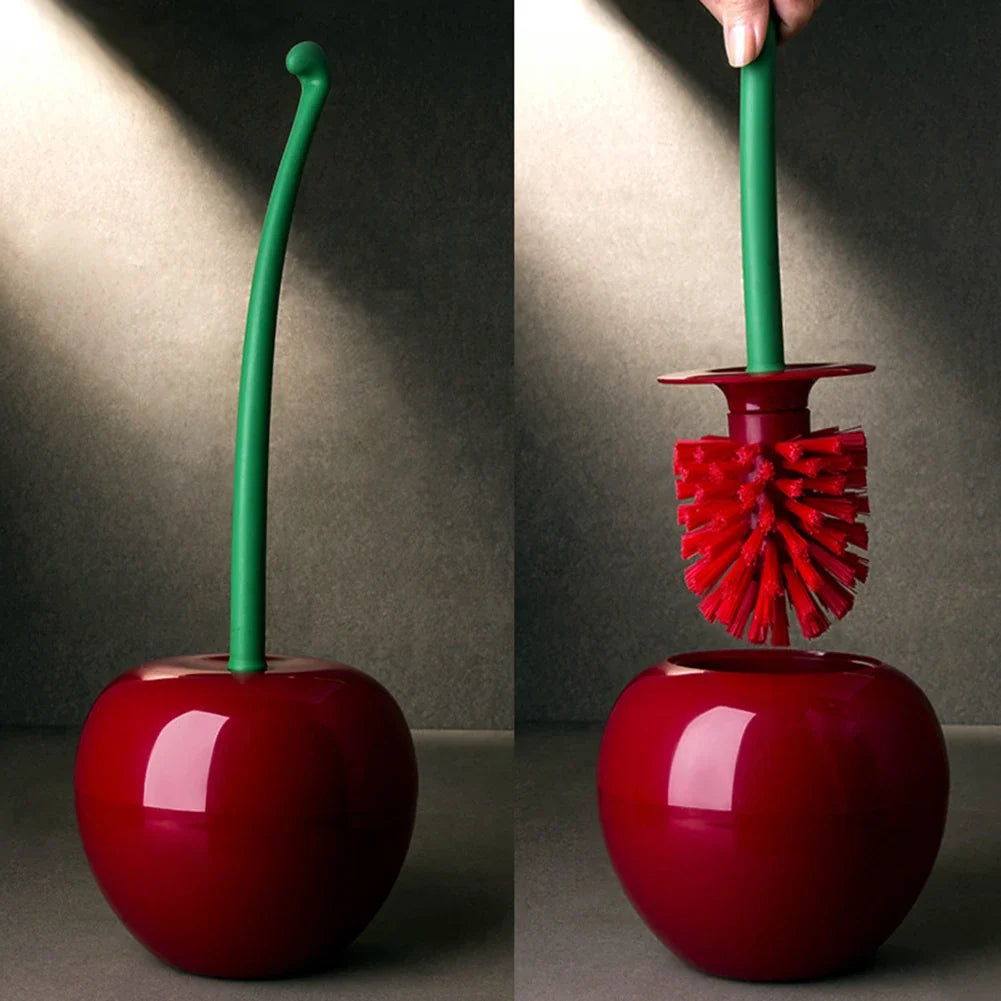 Stylish red cherry bomb toilet brush with black handle, perfect for efficient bathroom cleaning & modern home decor.