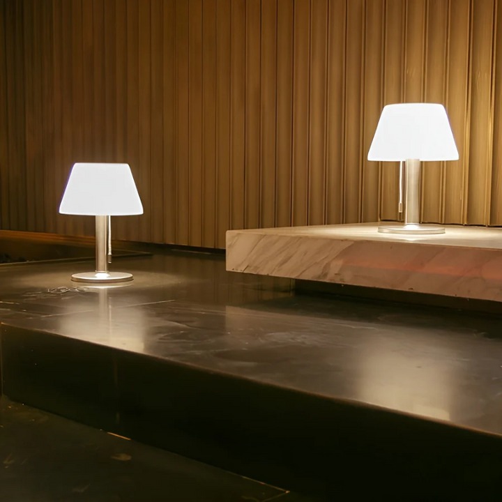 Eco-friendly solar outdoor table lamp, providing ambient light for garden, patio, and balcony. Sustainable design.