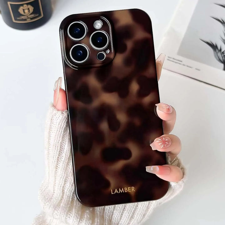 Protective tortoiseshell glass iPhone case, combining shockproof durability with a chic, scratch-resistant design.