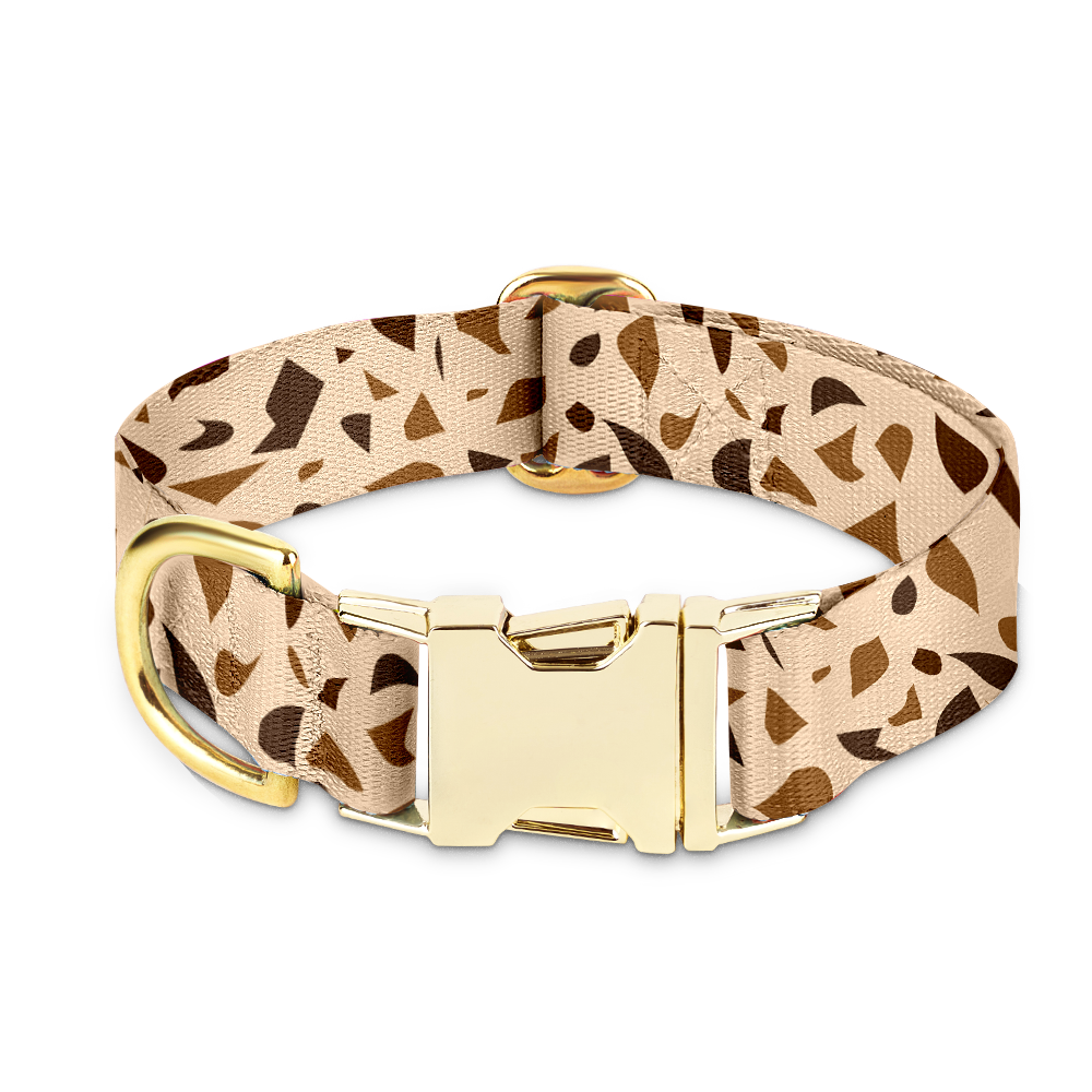 Stylish unisex dog collar with unique terrazzo pattern & golden brass hardware. Durable & washable pet accessory.