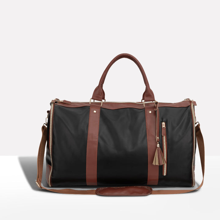 Stylish unisex patchwork weekender duffel bag, perfect for travel, gym, or a weekend getaway. Carry-on friendly.