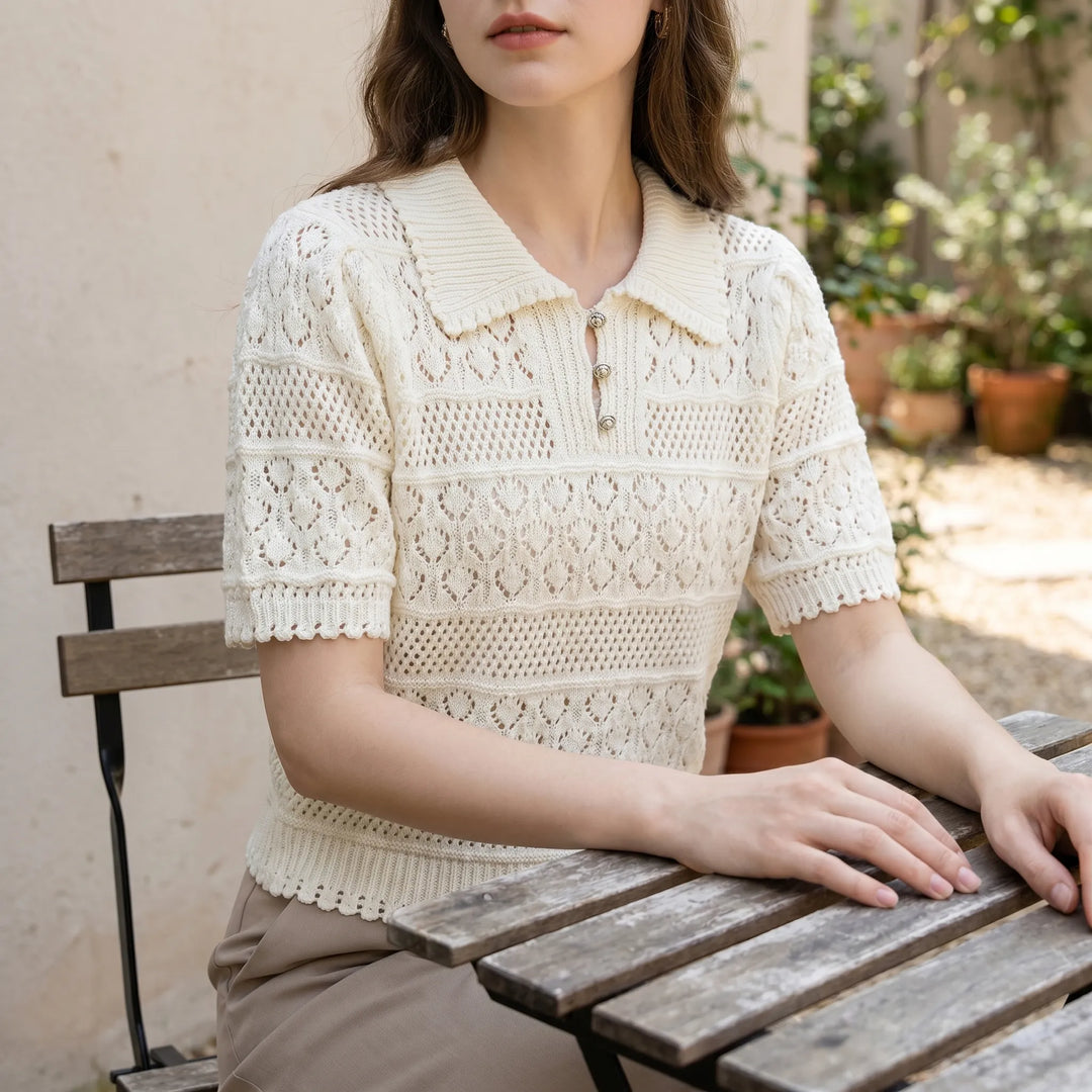 Stylish white women's textured crochet short-sleeve blouse with turn-down collar, perfect for summer casual wear.