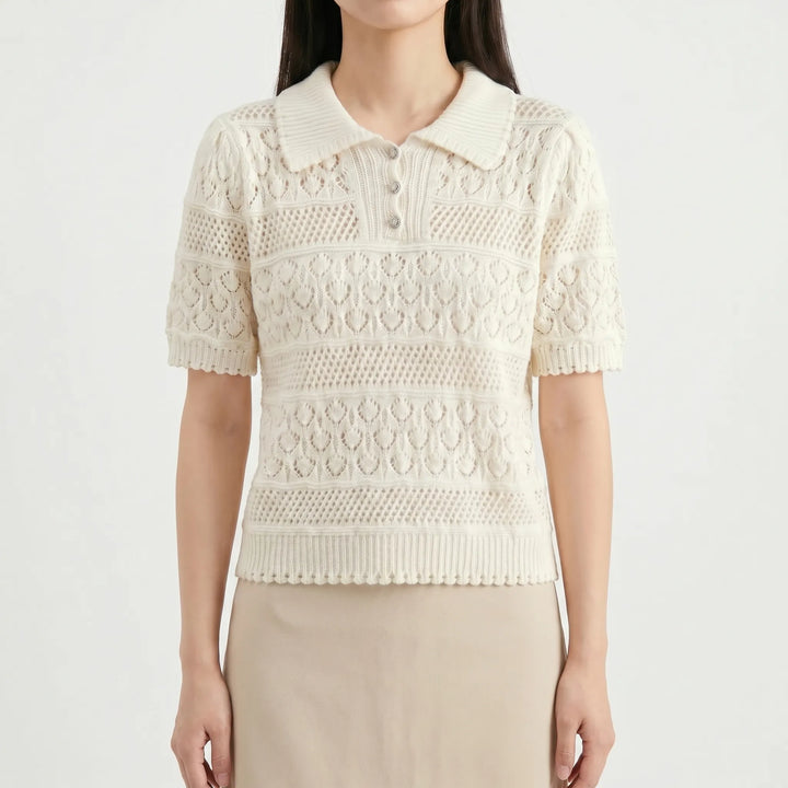 Comfortable white textured crochet short-sleeve blouse for women. A stylish pullover top perfect for summer.
