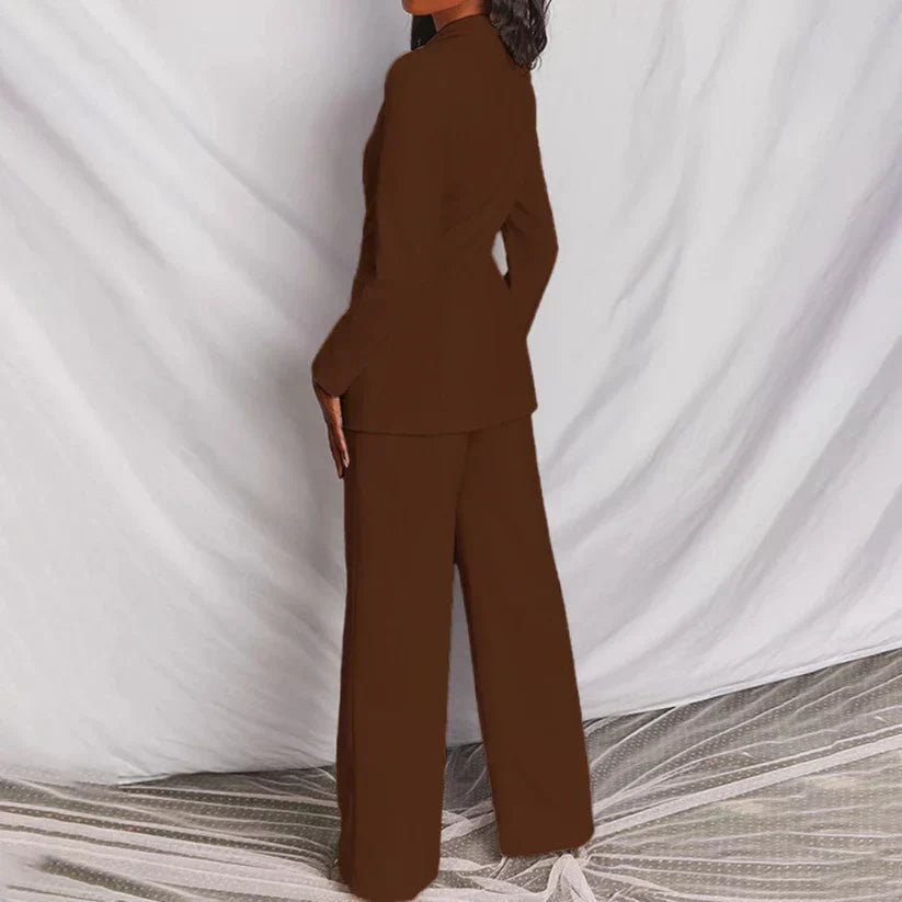 Sophisticated women's formal suit, a 2-piece business attire set featuring a blazer and trousers.