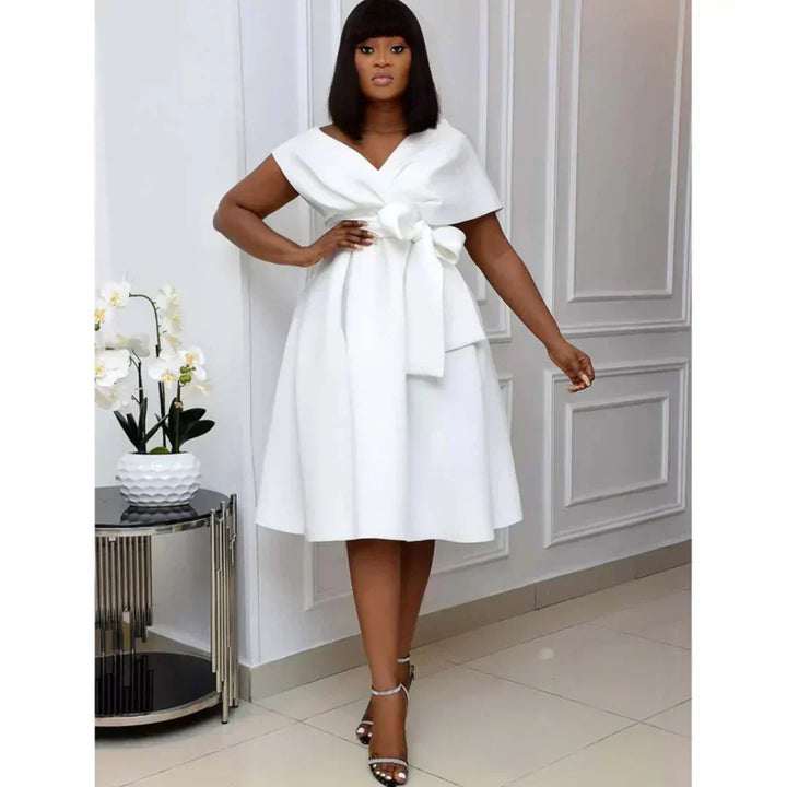 Versatile women's A-line mini dress with V-neck & short sleeves, ideal for party, casual, or office fashion.