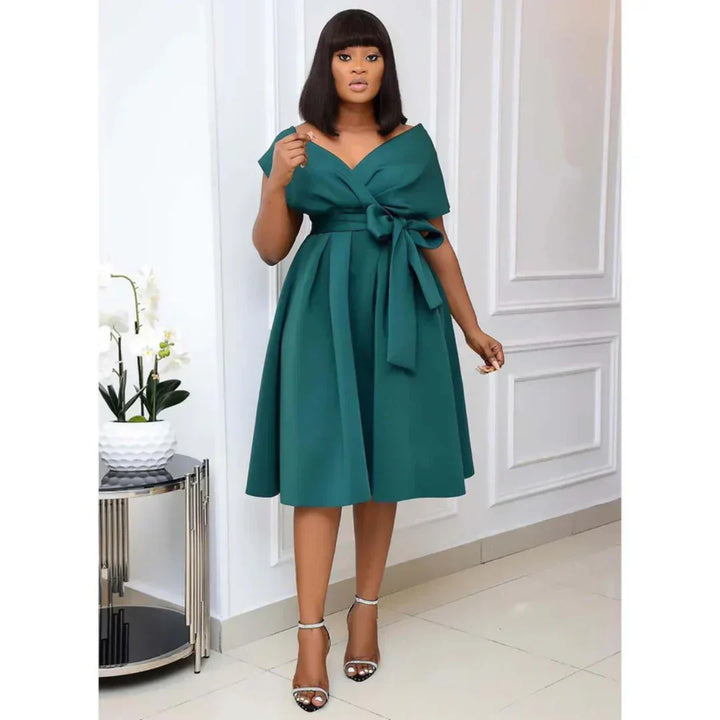 Fashionable women's pull-over A-line mini dress with short sleeves, a chic choice for any summer occasion.