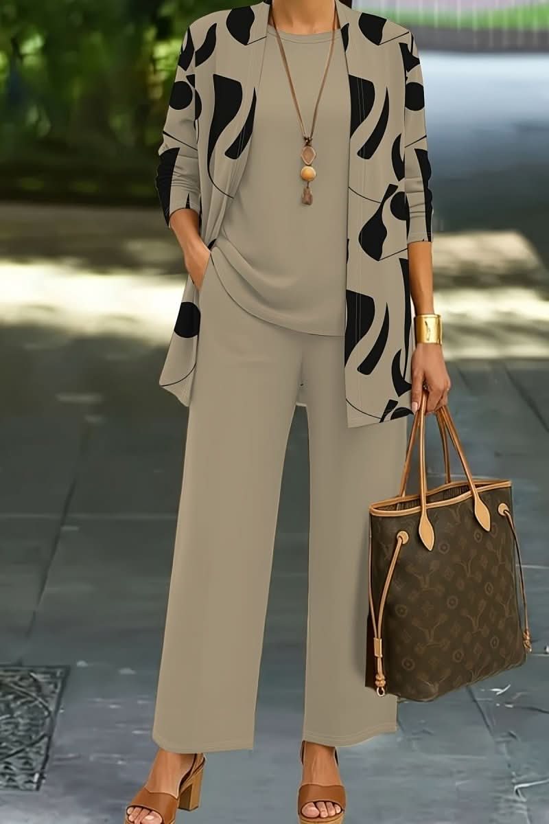 Versatile women's abstract print three-piece set for casual wear, featuring a comfortable and stylish design.