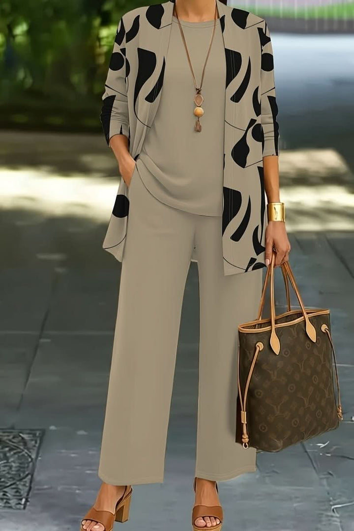 Versatile women's abstract print three-piece set for casual wear, featuring a comfortable and stylish design.
