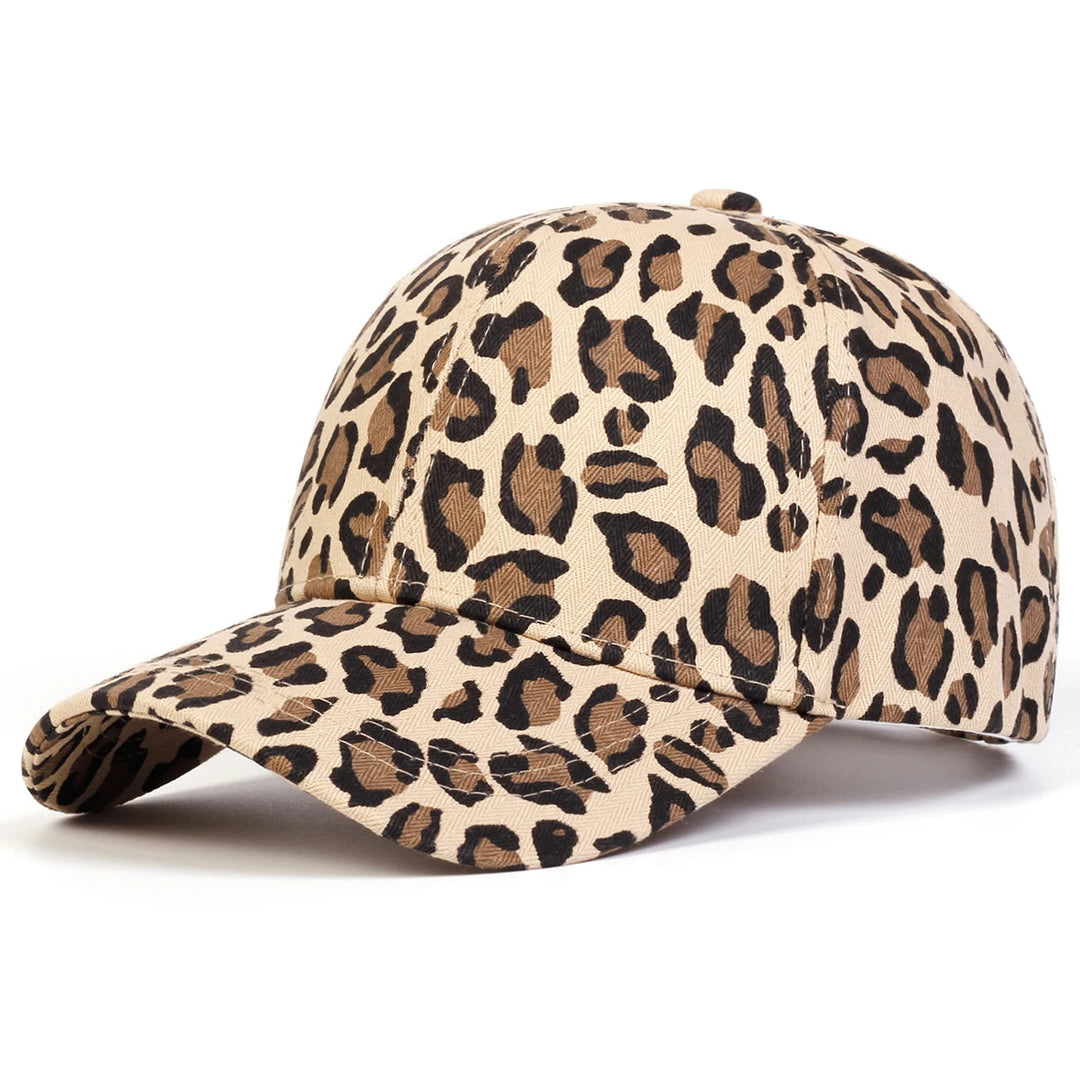 Fashionable women's animal print baseball cap. Adjustable design, perfect statement accessory for any casual outfit.