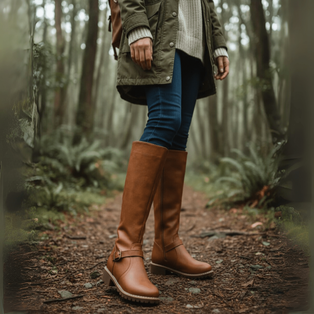 Woman wearing stylish women's ankle boots with gel insoles, perfect for comfortable daily walking & winter.