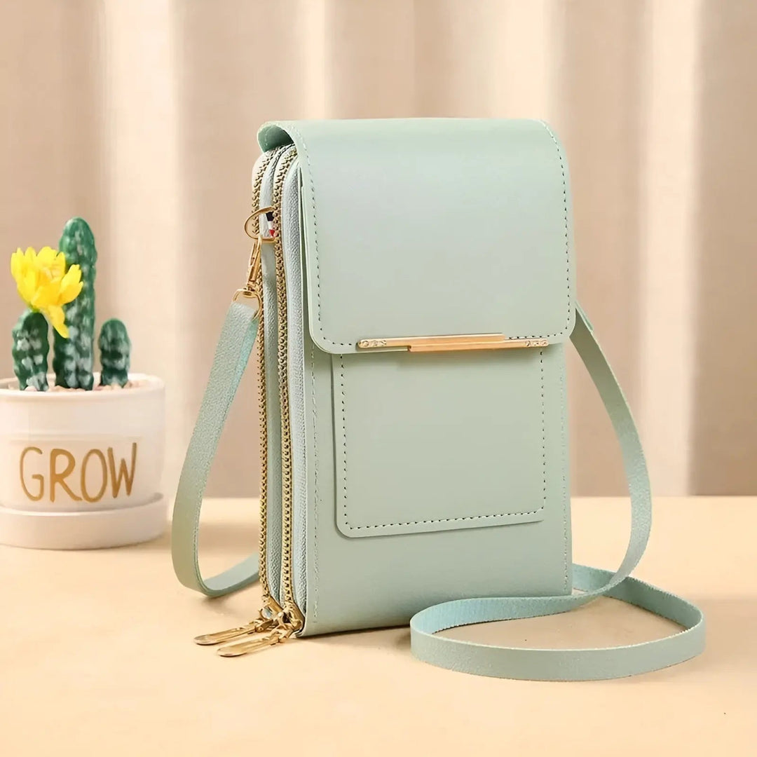 Interior view of anti-theft women's leather bag, showing secure pockets & RFID protection.