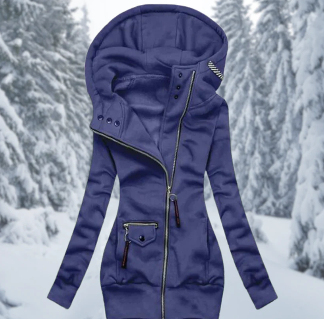Women's Aurora all-weather waterproof jacket, chic mid-length design for outdoor and casual wear in changing seasons.
