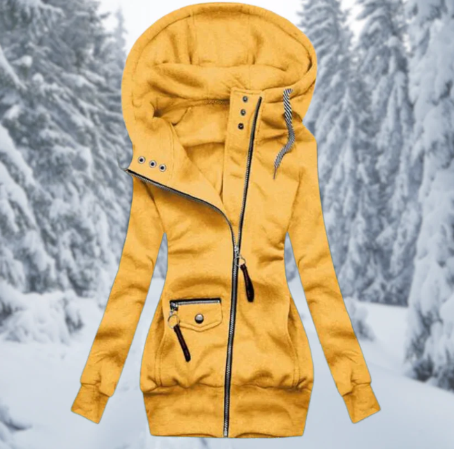 Aurora women's hooded mid-length waterproof jacket, a stylish and functional outerwear for all seasons and rain protection.