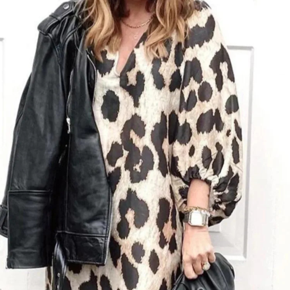 Fashionable women's beige loose-fit panther print midi dress, a stylish animal print perfect for modern women.