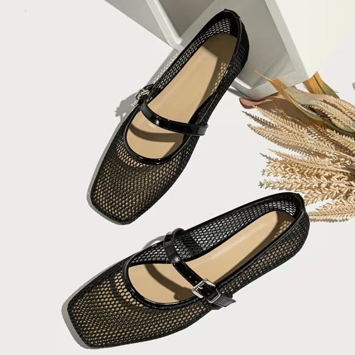 Stylish women's black mesh Mary Jane flats with square toe for effortless comfort & everyday elegance.