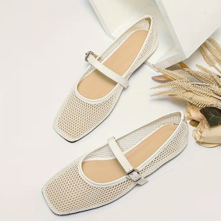 Fashionable white mesh Mary Jane square toe flats, perfect for women seeking casual chic & comfort.