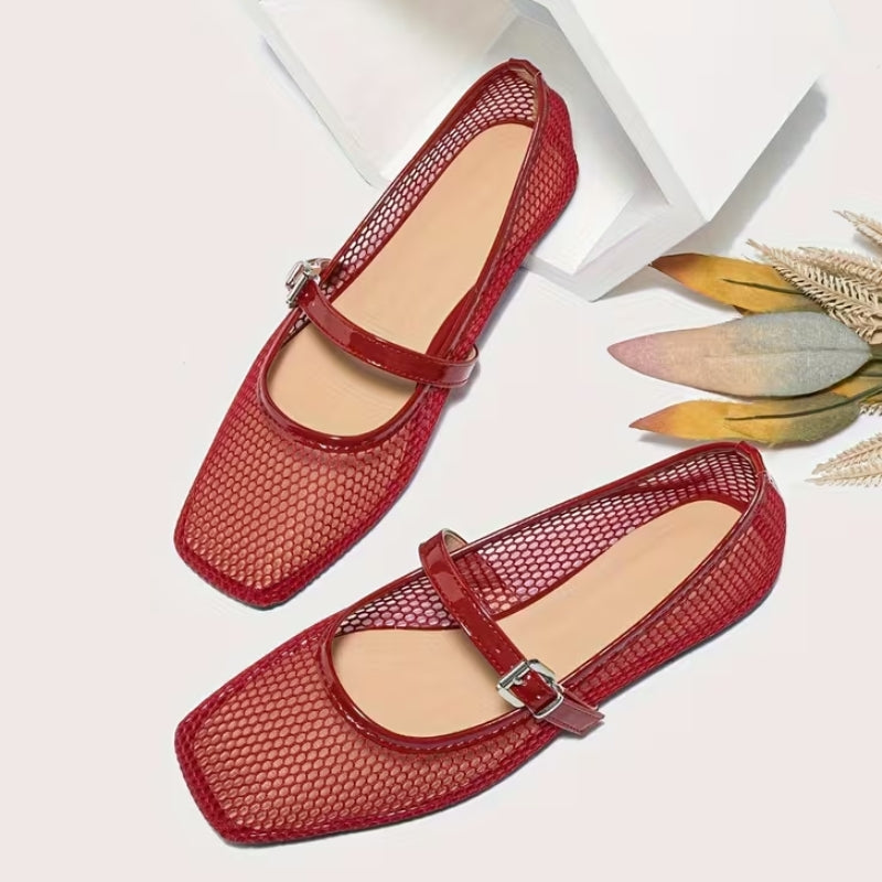 Red designer-inspired mesh Mary Jane flats for women. Square toe offers stylish comfort & everyday wear.