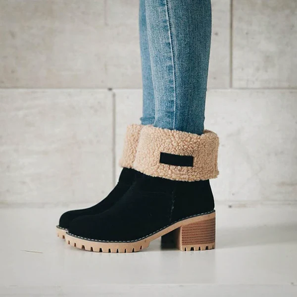 Stylish women's block heel snow boots, warm, waterproof, perfect for winter and cold weather fashion.