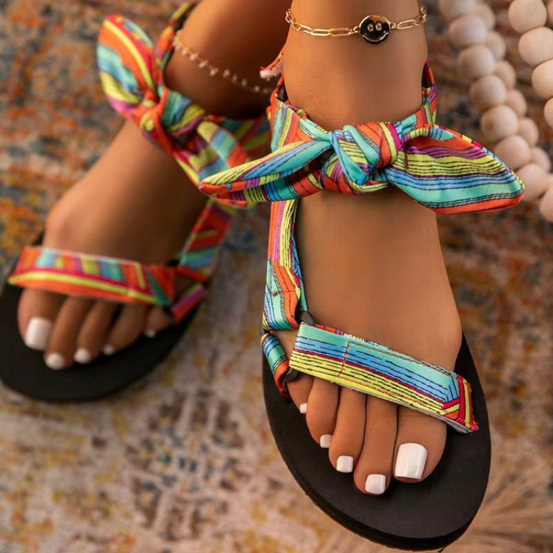 Stylish women's boho wrap sandals for summer. Comfortable bohemian footwear, perfect for beach or casual wear.