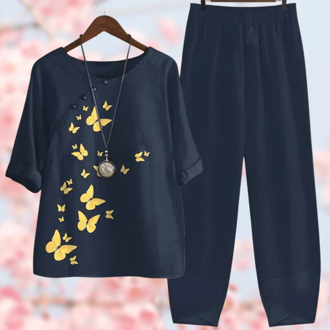Women's breezy two-piece outfit featuring a stylish top and matching shorts for summer comfort.