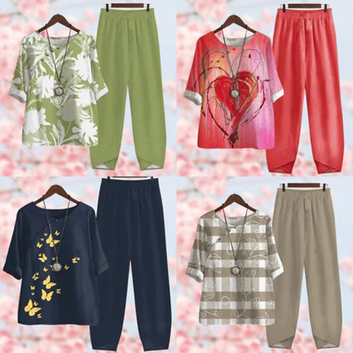 Close-up of the women's two-piece summer outfit fabric, highlighting its comfortable and breathable polyester.
