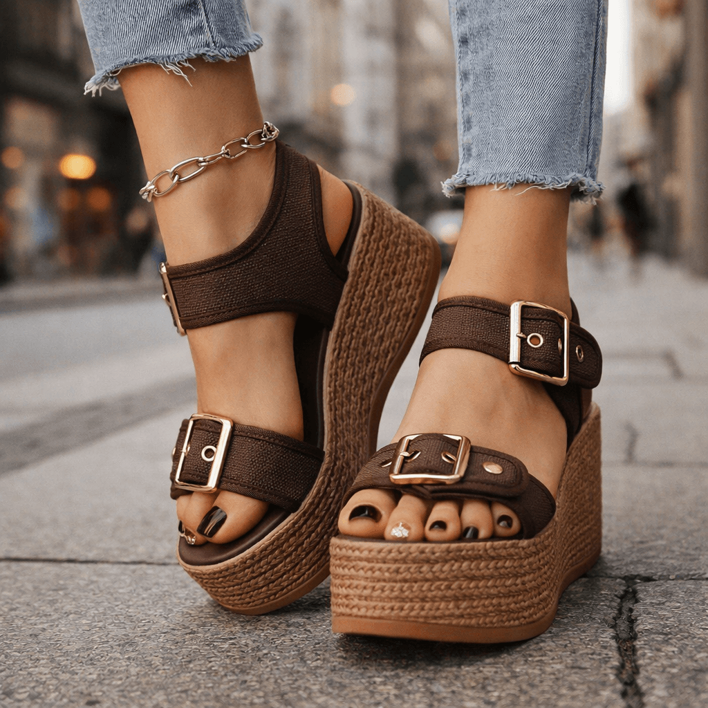 Comfortable platform buckle wedge sandals for women, offering height and stability for summer.