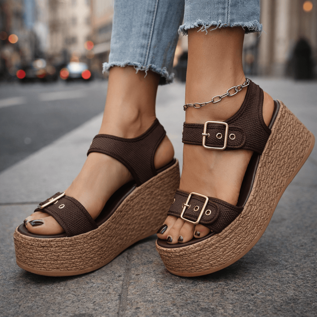 Versatile women's buckle wedge sandals, ideal for dressy or casual summer outfits with elevated style.