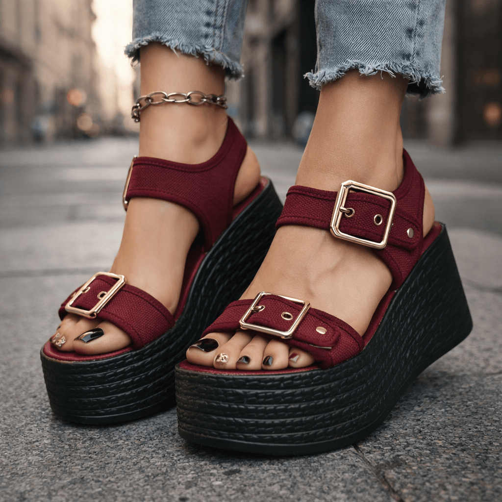 Elegant women's buckle wedge sandals with secure strap closure for stylish summer comfort.