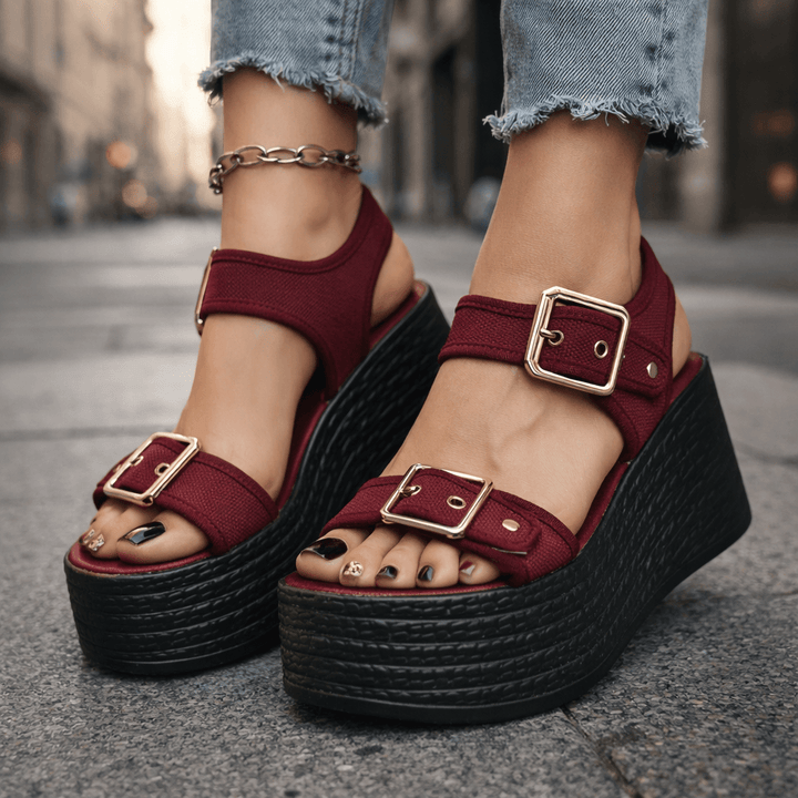 Elegant women's buckle wedge sandals with secure strap closure for stylish summer comfort.