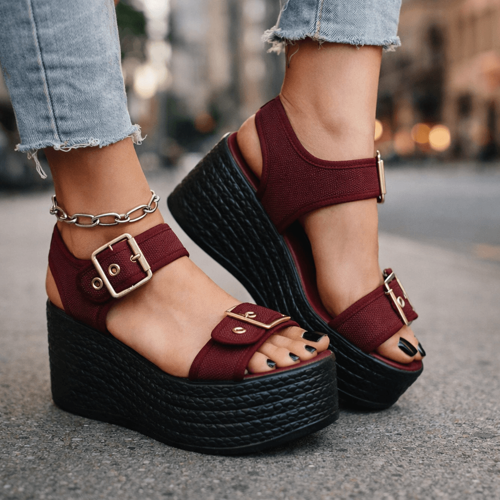 Elevated comfort women's wedge sandals with stylish buckle design, perfect for all-day summer wear.