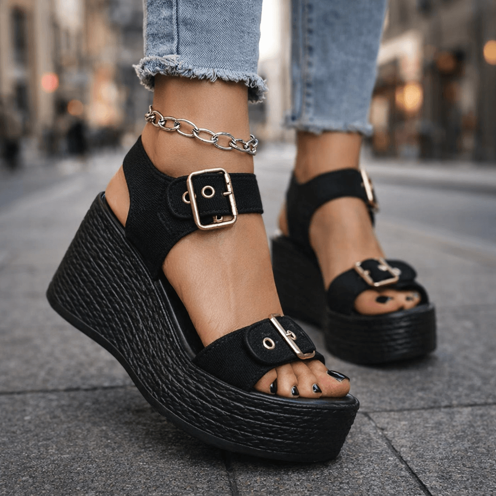 Fashionable women's buckle wedge sandals, offering elevated comfort and modern summer style.
