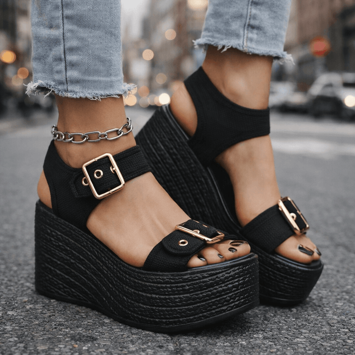 Women's comfortable buckle wedge sandals; platform summer shoes for dressy or casual wear.