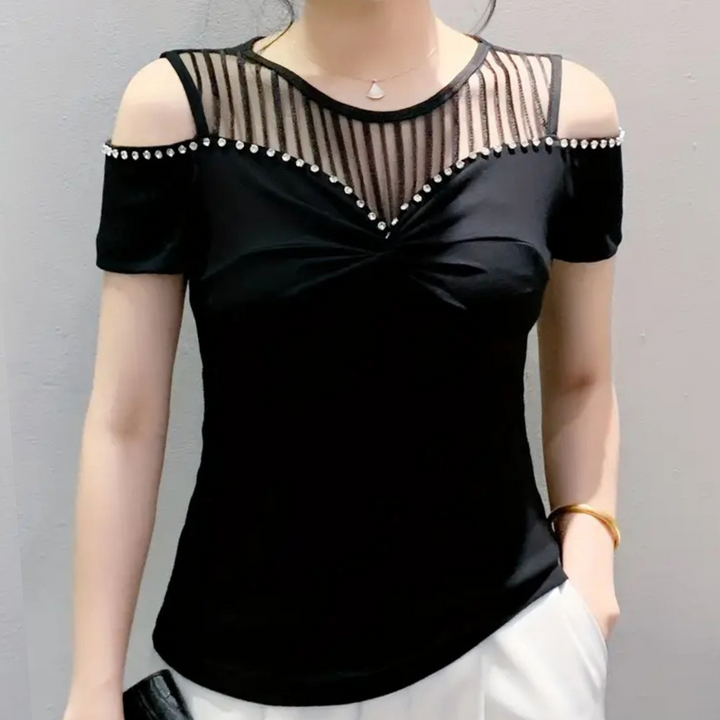 Elegant red cold-shoulder blouse for women. Comfortable & stylish, perfect for a chic casual look.