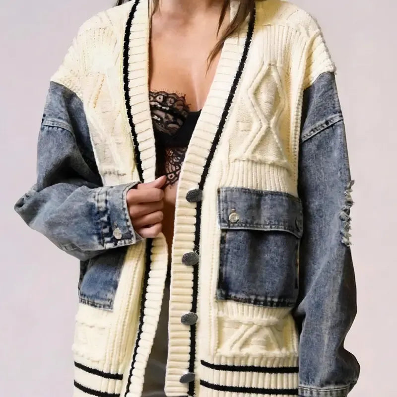 Stylish women's denim accent cardigan, long sleeve, button front for versatile layering.