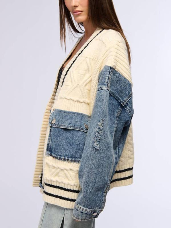 Chic women's denim style cardigan with modern design, perfect for effortless layering and everyday wear.