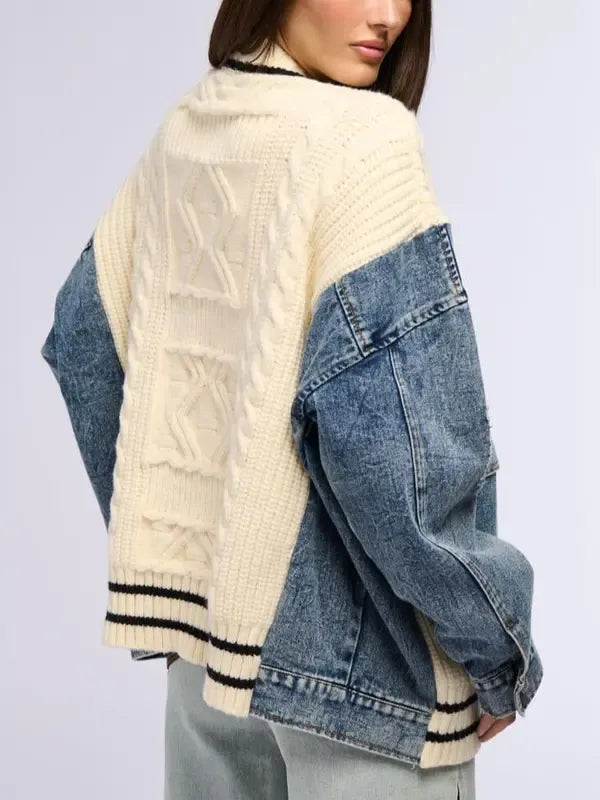 Versatile women's cardigan featuring stylish denim accents, long sleeves, and a button-front closure.