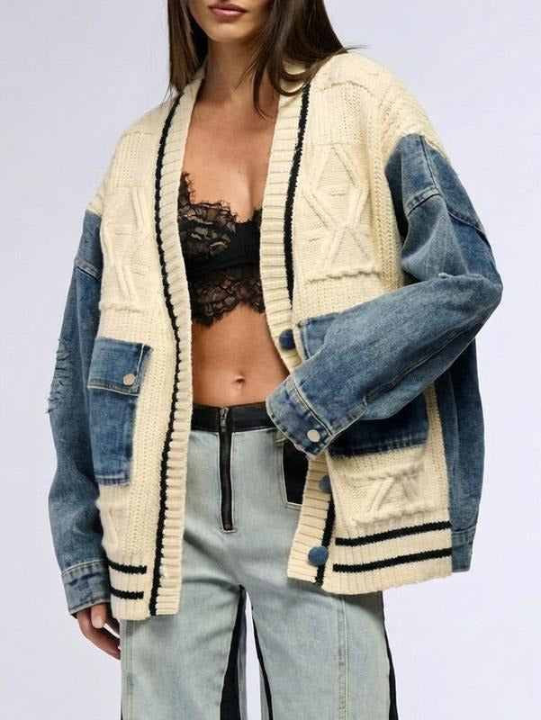 Elegant casual women's cardigan with unique denim styling, ideal as a layering piece for a chic look.