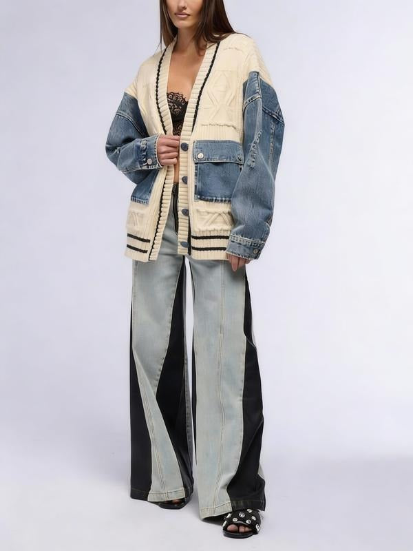 Women's stylish button-front cardigan, long sleeve, featuring modern denim accents for chic layering.