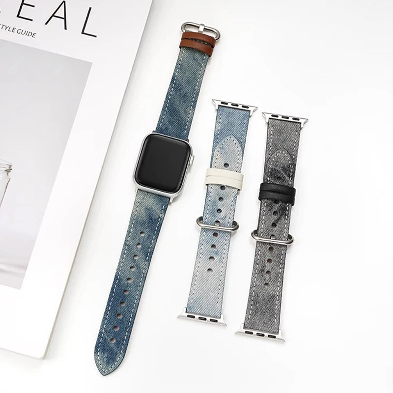 Women's denim smartwatch band on wrist, comfortable & stylish casual watch strap accessory.