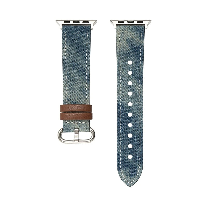 Women's denim & leather smartwatch band, stylish and comfortable replacement watch strap.