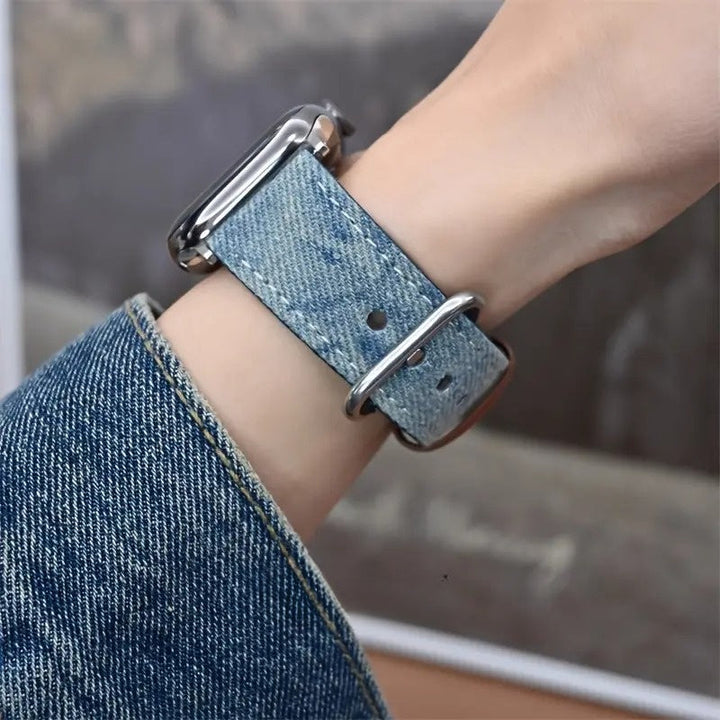 Casual women's denim smartwatch band, stylish & comfortable watch strap for everyday wear.