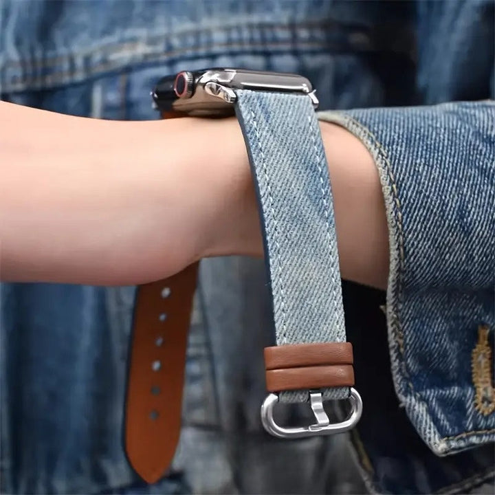 Women's denim smartwatch replacement band, offering a stylish and comfortable watch strap upgrade.