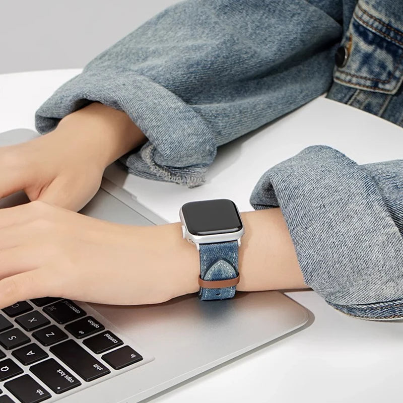 Textured denim women's smartwatch band, comfortable & stylish replacement watch strap accessory.